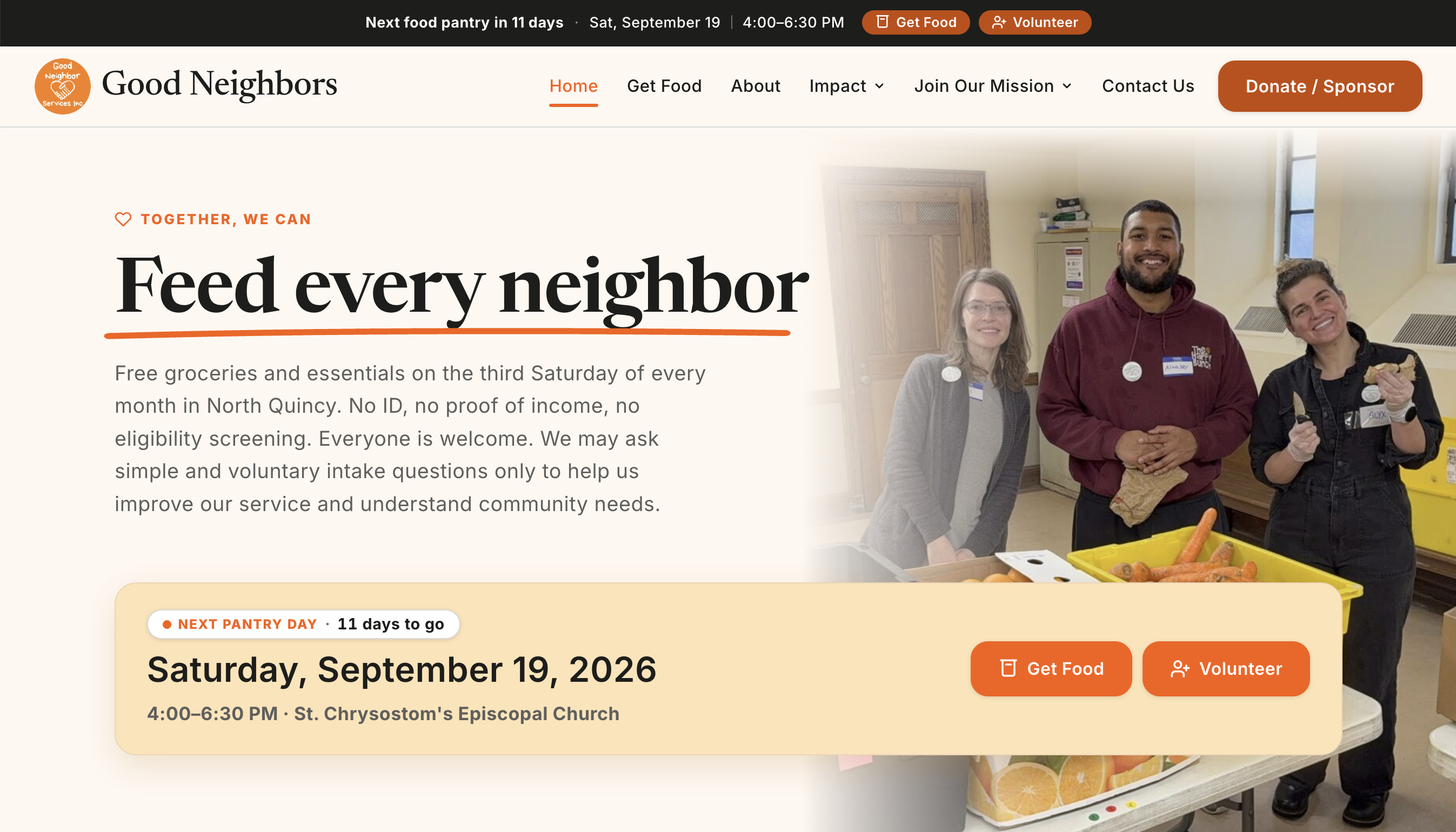 Screenshot of the Good Neighbors Food Pantry homepage showing the Feed every neighbor hero and next pantry day details.